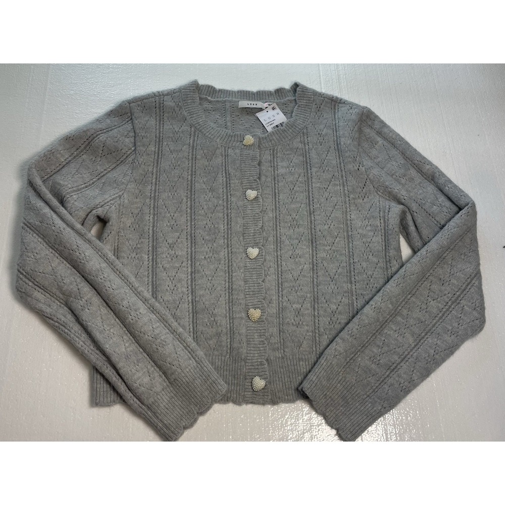 New LUSH Cardigan Sweater Lt Grey Long Sleeve w/Pearl Heart Buttons M